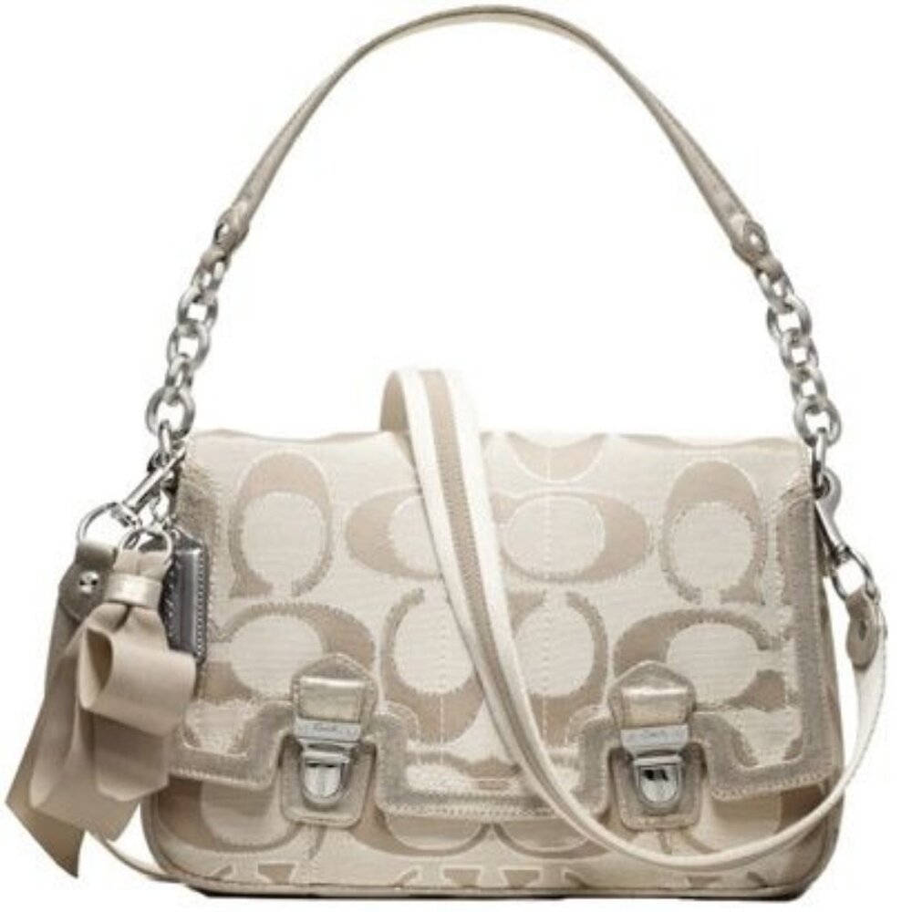 Coach Poppy Signature C Metallic Sateen & Leather Messenger Flap Satchel #18352